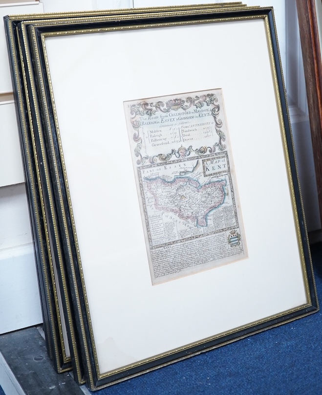 After John Owen & Emmanuel Bowen, A set of four 18th century hand coloured engraved road maps comprising: The North and East Riding of Yorkshire, The West Riding of Yorkshire, Lancashire, and Kent, gallery labels verso,